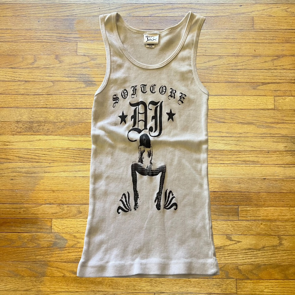Dirty Jax Softcore DJ Ribbed Tank Top Beige Graphic Y2K Streetwear Size M/OS